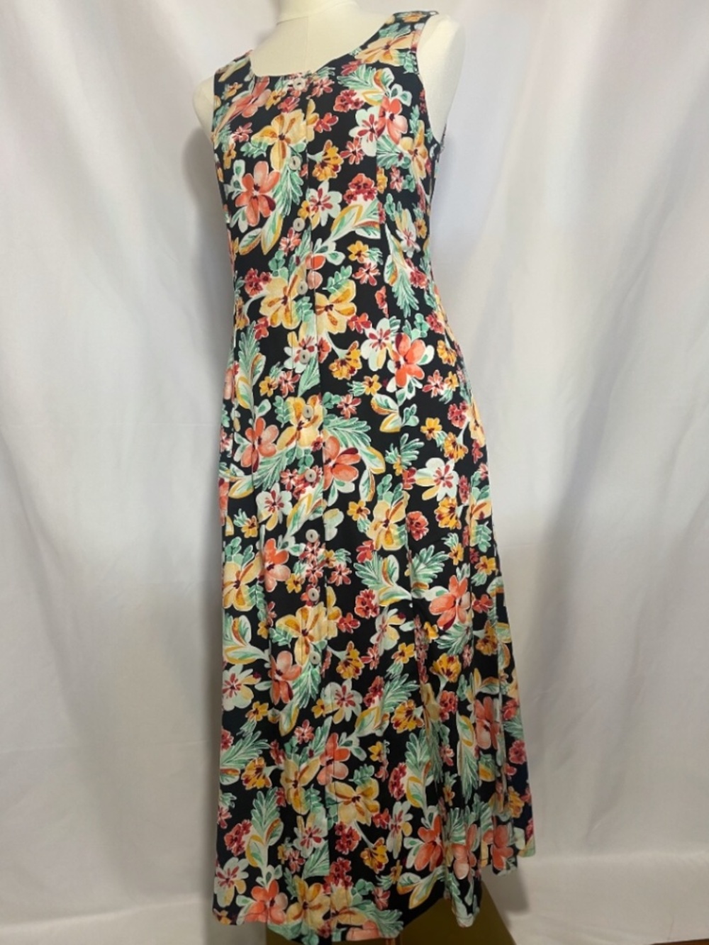 Blair Tropical Floral Midi Dress Sleeveless Smocked Back Rayon A-Line PS Petite